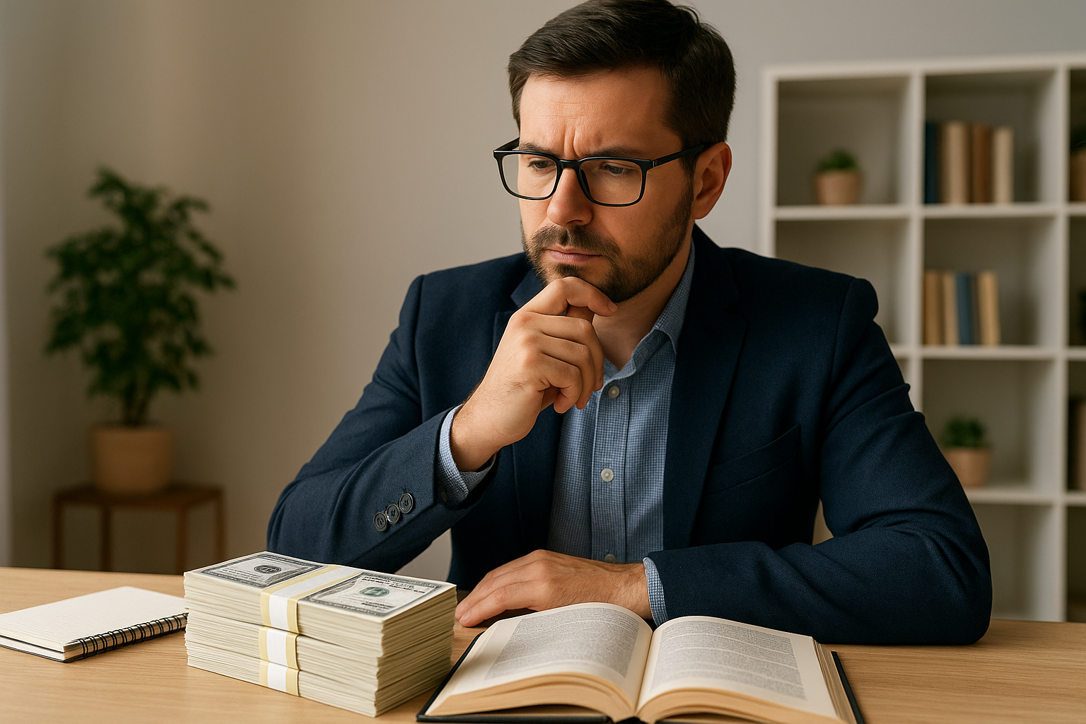 Homem-pensativo-com-dinheiro-e-livro Os Segredos Psicológicos por Trás da Riqueza Duradoura